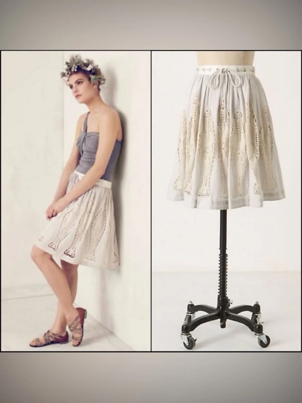 NWOT Anthropologie Stone Gray Cream A-line Knee Length Lace Skirt - Size 6